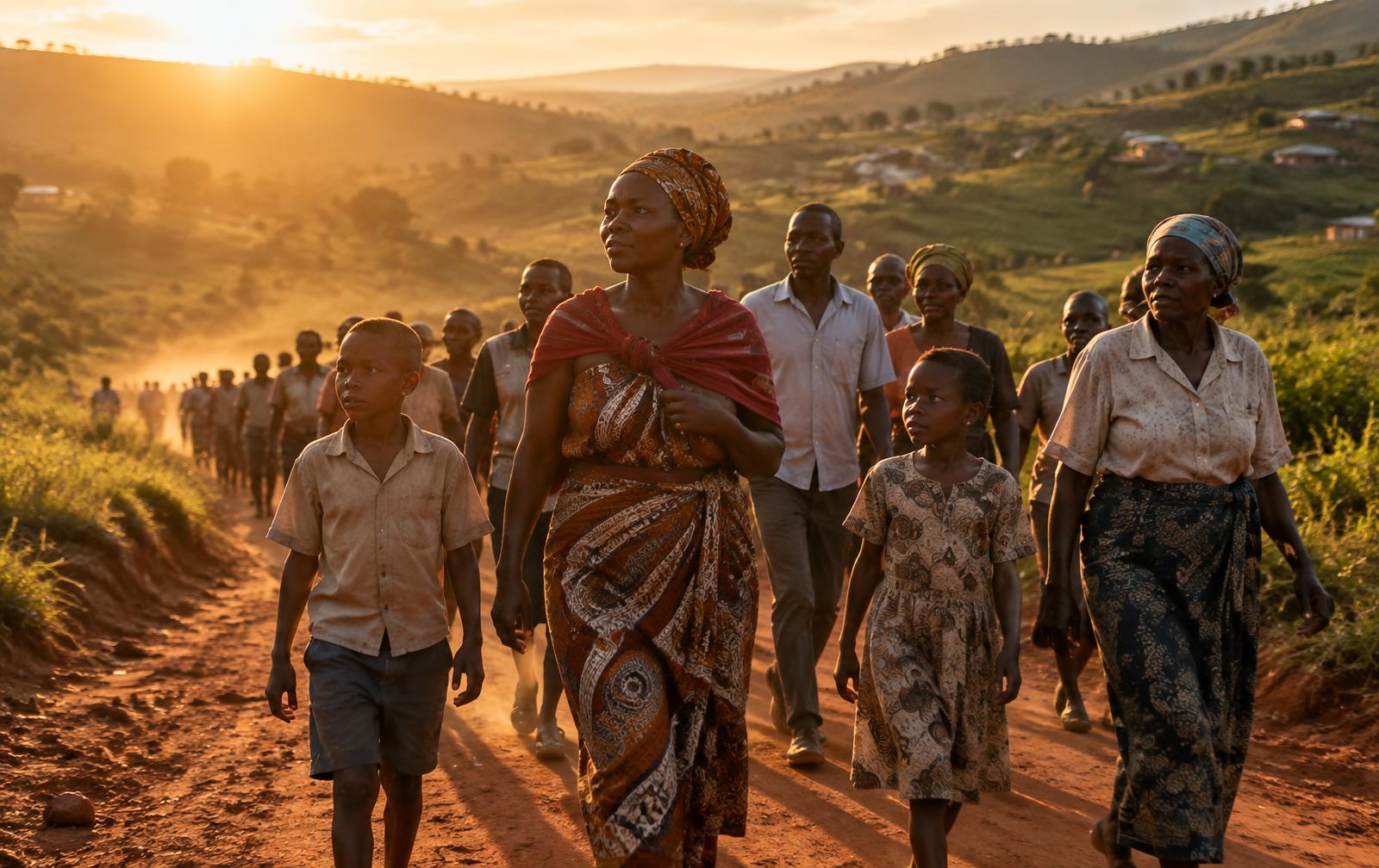 A community walking together along a red dirt road at golden hour