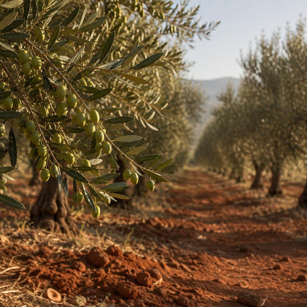 Olive grove rows on red African earth in morning light